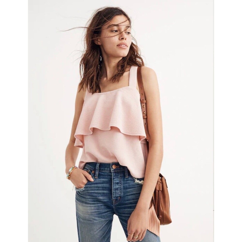 Madewell Texture & Thread Women’s M Sheer Pink Flounce Crossback Tank Top Ruffle